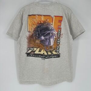 Vintage 90s Big Ball Sports Fire On The Plate Baseball Shirt Gray Large